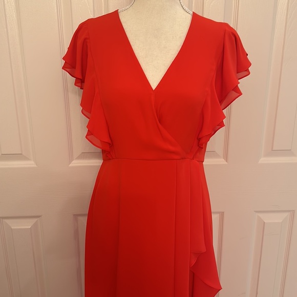 Small BCBGMAXAZRIA red full length gown with ruffle sleeves and side slit. NBW. - Picture 2 of 9